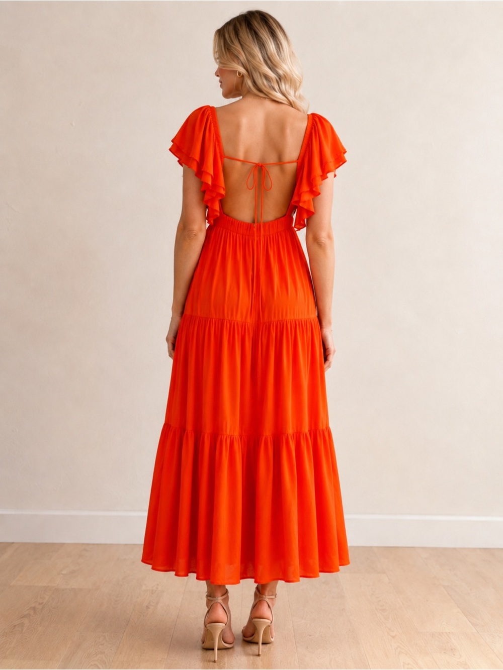 Women's Orange Tiered V-Neck Maxi Dress Small - Picture 4 of 4